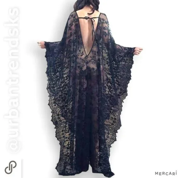 open lace back dress Bikini Competitor Rhinestone Satin Cover Up Robe S/M / Black